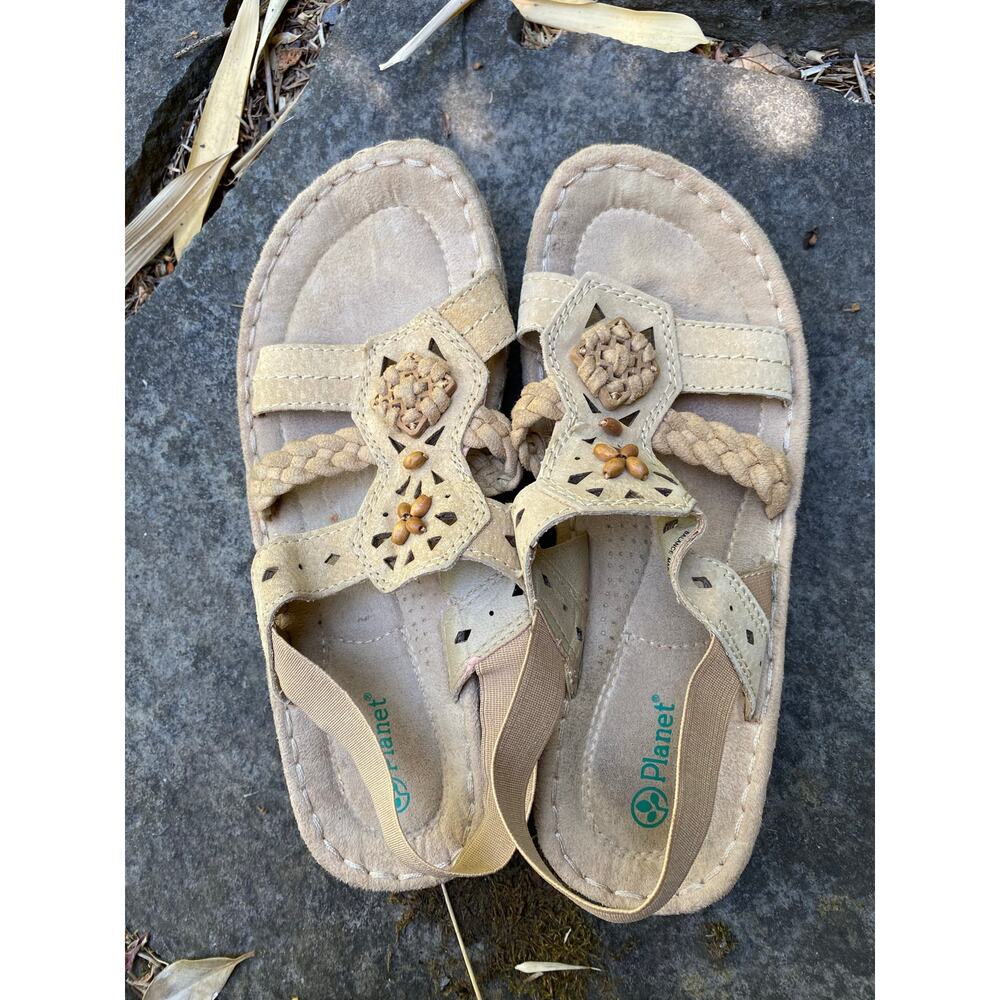 Planet OPAL Women's 8M‎ Tan Suede Leather Beaded Strappy Slingback Sandal *